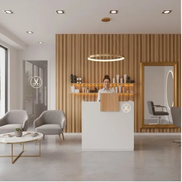 Friseur Rezeption, Empfangstheke Tamy - Weiß Holz und Eiche Deko - Tiptop - Einrichtung