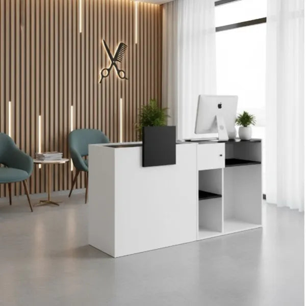 Friseur-Empfangstheke, Friseur Rezeption Yoko - Weiß Holz mit Schwarzem Dekor - kassentisch - empfangstresen - Tiptop - Einrichtung