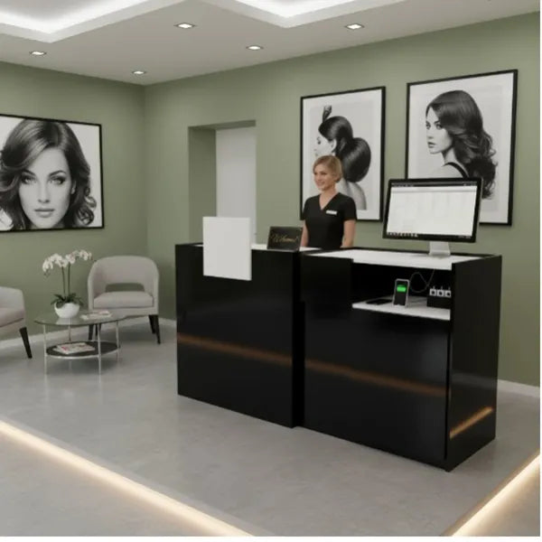 Friseur Rezeption, Empfangstheke Hush - Moderne Schwarz Holz Rezeption mit Weißer Deko - kassentisch - empfangstresen - Tiptop - Einrichtung