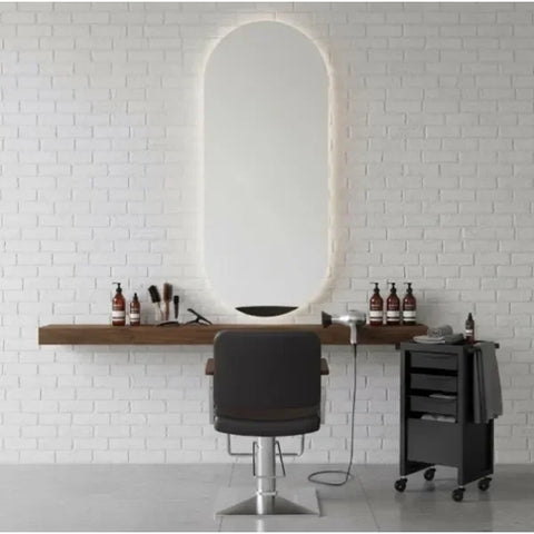 Modernes 3er-Pack Friseur Bedienplatz Set mit LED-Beleuchtung, Friseurarbeitsplatz Iris für gleichmäßiges, schattenfreies Licht.