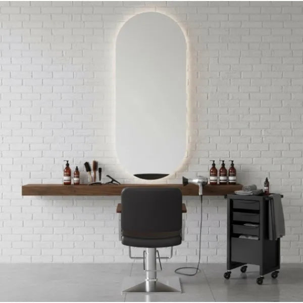 Modernes 3er-Pack Friseur Bedienplatz Set mit LED-Beleuchtung, Friseurarbeitsplatz Iris für gleichmäßiges, schattenfreies Licht.