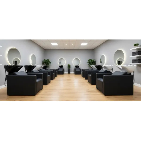 Friseur waschbecken Peek mit Kippwaschbecken und hochwertiger Ausstattung in Schwarz, ideal für moderne Salons.