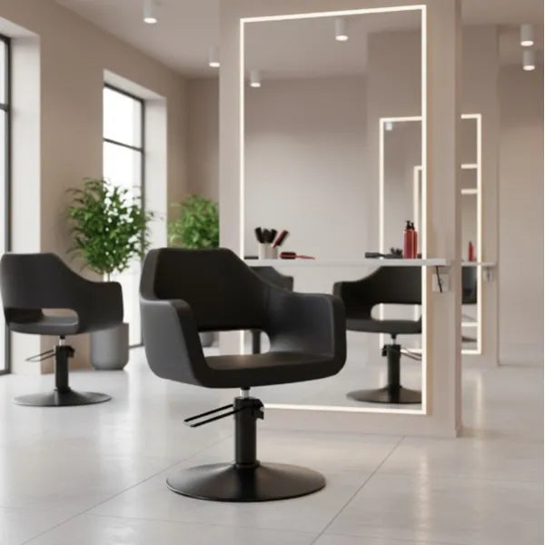 Friseurstuhl in eleganter Schwarz-Farbe mit Schwarzer runder Fuß, Luxuriöser Friseur stuhl Whim R - Tiptop - Einrichtung