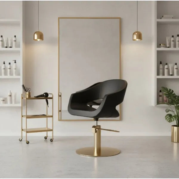 Friseurstuhl mit Runder Fuß aus goldfarbenem Chrom, Luxuriöser Friseur stuhl Auric R, Schwarz gepolstert - Tiptop - Einrichtung
