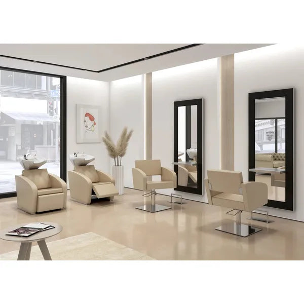 Moderne Friseurwaschbecken mit elektrischer Fußstütze, Friseurwaschbecken Ralph für luxuriösen Komfort im Salon.