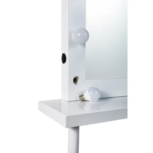 Schminktisch-Set mit Spiegel Emily-Remi, weißer Spiegelrahmen mit LED-Beleuchtung und USB-Anschlüssen.