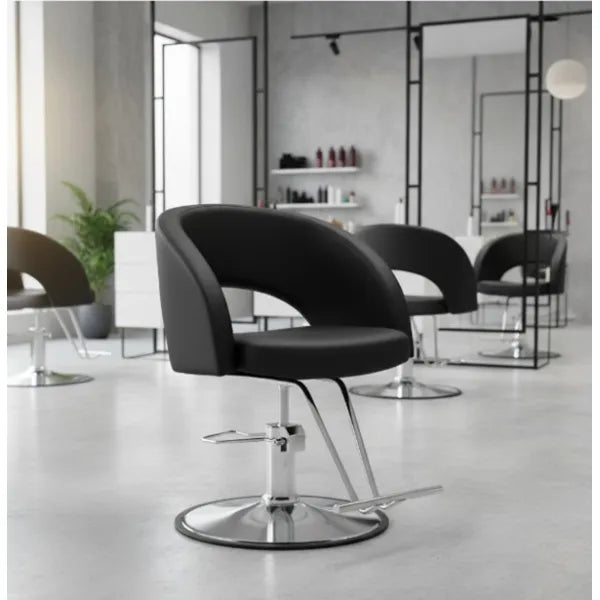 Luxuriöser 3er set Friseurstuhl in eleganter Schwarz-Farbe, Sarahm mit verchromter Metallbasis für Frisursalons.