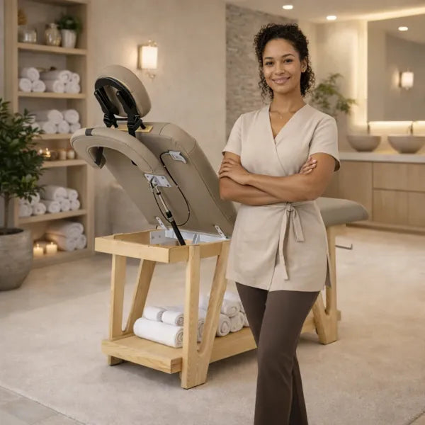Therapeutin steht neben Massageliege Serr aus Holz, 2-Zonen, Kopfteil & Armlehnen im Spa.