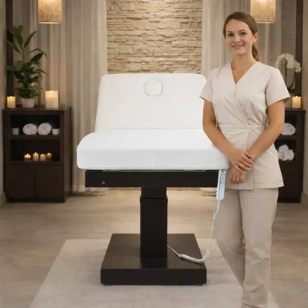 Elektrische Massageliege Ulna+ im Spa-Kosmetikstudio, Therapeutin neben der Liege.