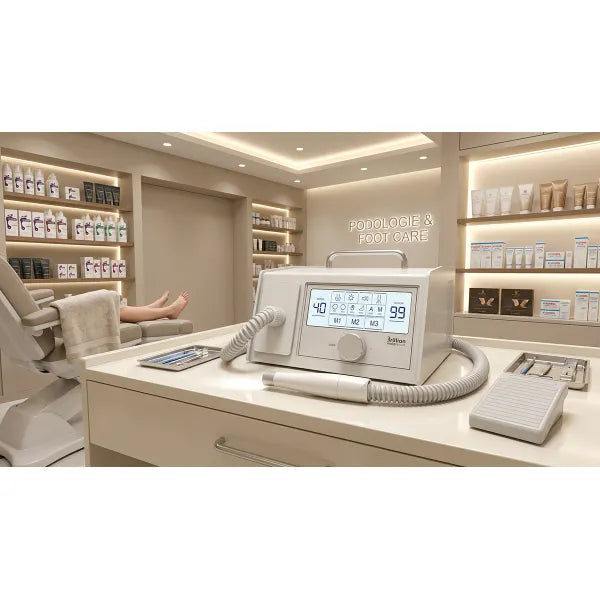 MEDIPRO TOUCH CMDV5 Podologie-Mikromotor mit Absaugung am Behandlungsplatz für Fußpflege.