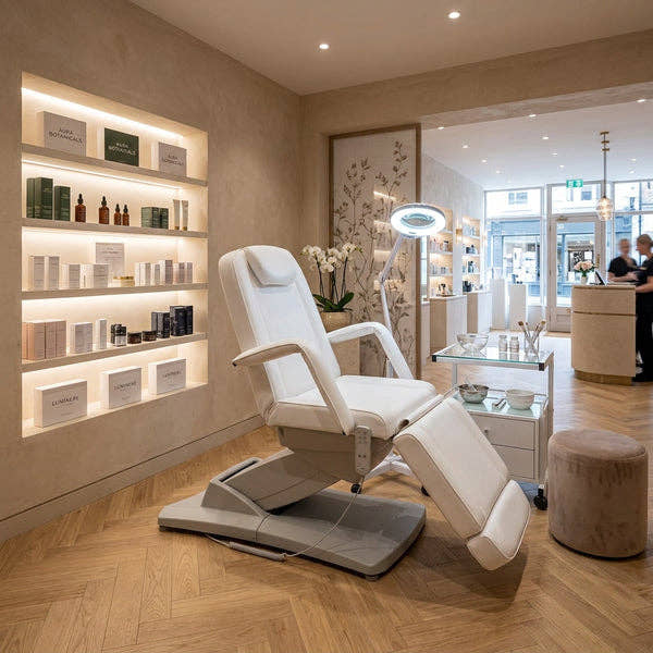 Weiße elektrische Kosmetikliege mit 3 Motoren im modernen Beauty-Studio, ideal für Massage und Behandlung bis 200 kg.