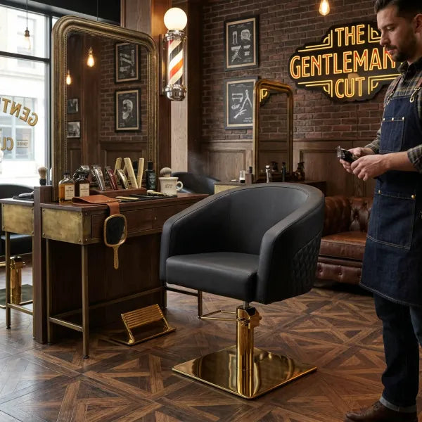 Schwarzer Friseurstuhl mit Armlehnen, goldener Hydraulikfuß und Premium-Polsterung imBarbershop-Set.