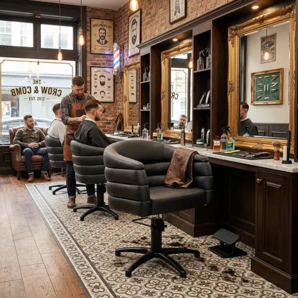 Schwarzer hydraulischer Friseurstuhl mit Armlehnen in einem barbierischen Salon mit goldenen Spiegeln und Backsteinwänden.