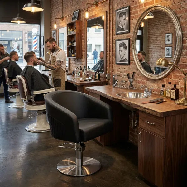 Schwarzer Friseurstuhl mit hydraulischer Verstellung und Polsterung im rustikalen Barbershop mit Holzwanne.