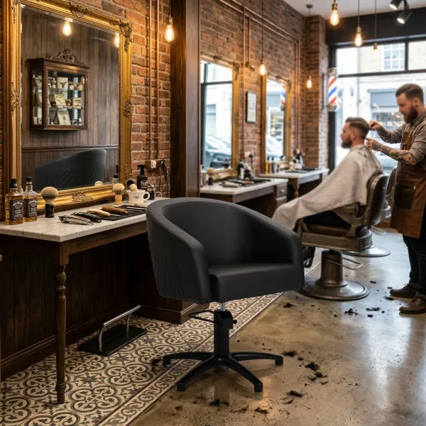 Schwarzer Friseurstuhl mit Armlehnen und hydraulischer Verstellung im rustikalen Barber-Shop Ambiente.