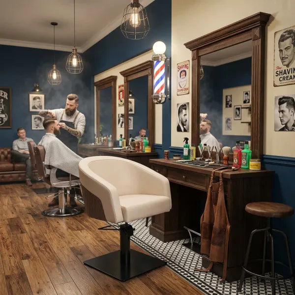 Hellbeige Friseurstuhl mit Armlehnen auf Hydrauliksockel vor Holzspiegel im barocken Frisiersalon.