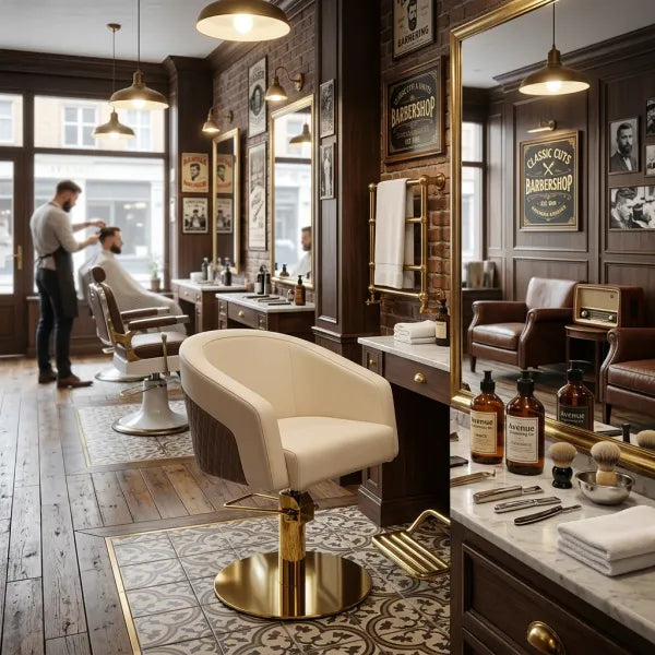 Moderner beige-brauner Friseurstuhl mit Armlehnen und goldener Hydraulikbasis im rustikalen Barbersalon.