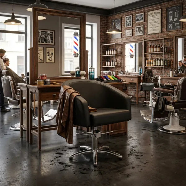 Schwarzer Friseurstuhl mit Armlehnen und hydraulischer Verstellung in einem BarberShop mit Holzspiegel und Ziegelwand.