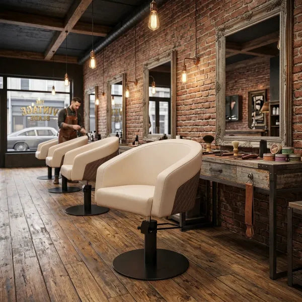 Moderner Friseurstuhl mit Armlehnen, cremefarbenem Premium-Polster und hydraulischer Verstellung im Vintage-Stylingstudio.