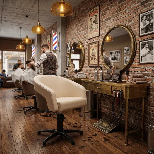 Creamefarbener Friseurstuhl mit Armlehnen vor vintage Barbershop-Interieur mit Messingspiegel und Backsteinwand.