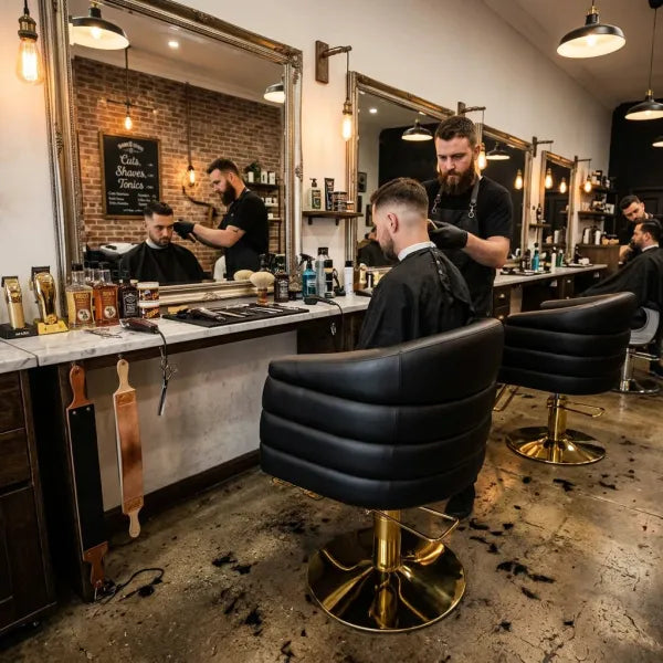 Schwarzer Friseurstuhl mit Goldfuß im Barbershop: Moderner Stylingstuhl mit Polsterung für professionellen Salonalltag.