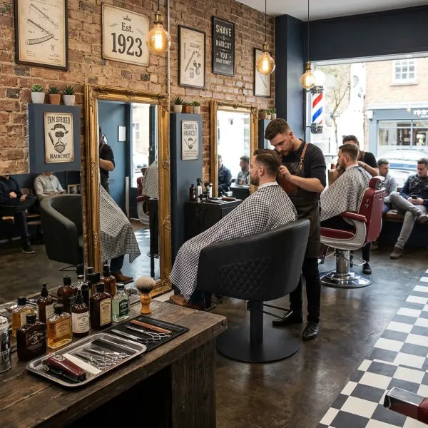 Schwarzer, armlehnenloser Stylingstuhl im rustikalen Friseursalon: Friseur schneidet Kunden unter goldenen镜 mit Vintage-Dekor.