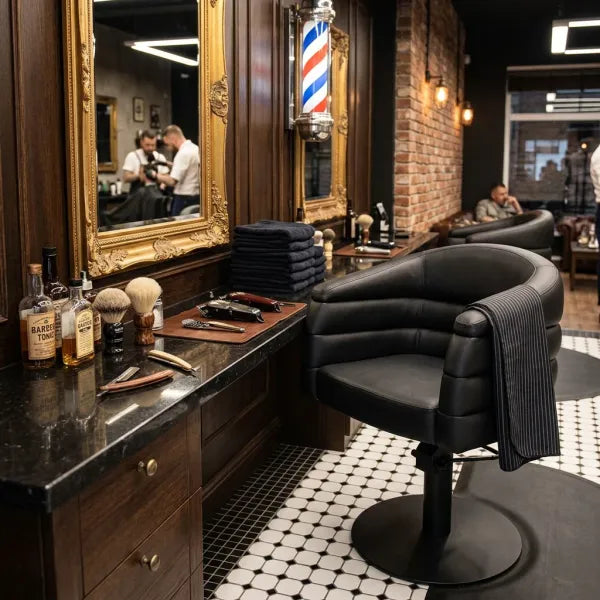 Schwarzer hydraulischer Friseurstuhl mit Armlehnen im klassischen Barbershop, umgeben von Werkzeugen und Goldspiegel.