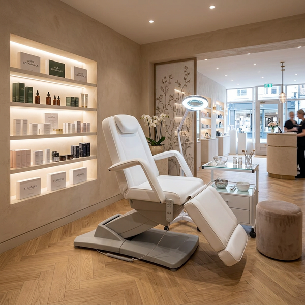 Weiße elektrische Kosmetikliege mit 3 Motoren im modernen Beauty-Studio, ideal für Massage und Behandlung bis 200 kg.