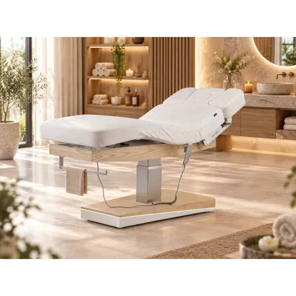 Spa-Kosmetikliege LYR mit weißem Polster, Holzoptik und Heizung
