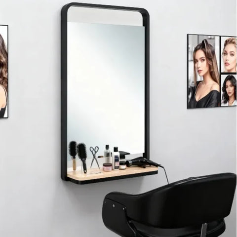 Friseur Bedienplatz mit LED-Beleuchtung, Friseurarbeitsplatz Vega, Schwarzer Metallrahmen, Eschenfurnier-Tablett - Tiptop - Einrichtung