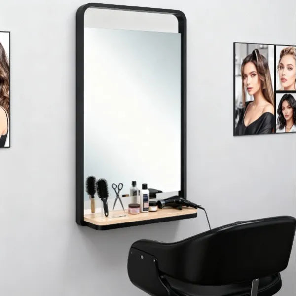 Friseur Bedienplatz mit LED-Beleuchtung, Friseurarbeitsplatz Vega, Schwarzer Metallrahmen, Eschenfurnier-Tablett - Tiptop - Einrichtung