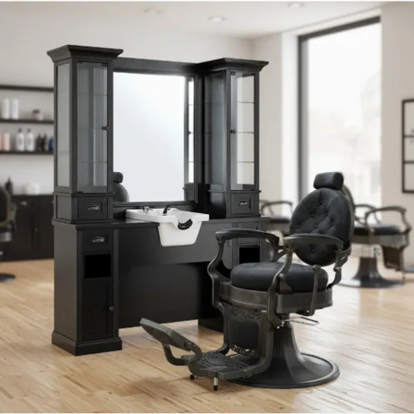 1x Friseur Vorwärtswaschbecken, Barbershop Bedienplatz 1B/22 William - 1x Herren Friseurstuhl, Barberstuhl Vintage Clint - Tiptop - Einrichtung
