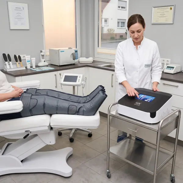 Pressotherapie-Gerät Hightech Air Flow mit 12-Kammer-Kompressionssystem, Touchscreen und Beinmanschetten im Behandlungsraum.