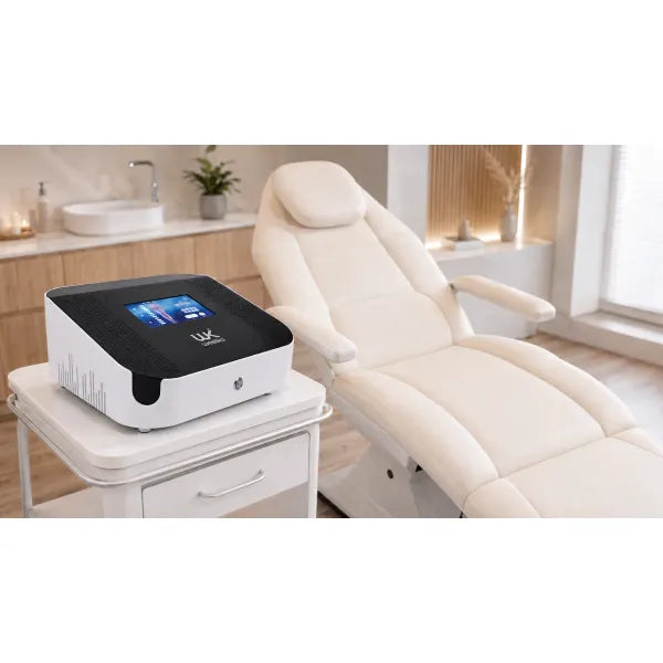 Pressotherapie-Gerät Hightech Air Flow mit 12-Kammer-Kompressionssystem, Beinmanschetten und Touchscreen neben Kosmetikstuhl.
