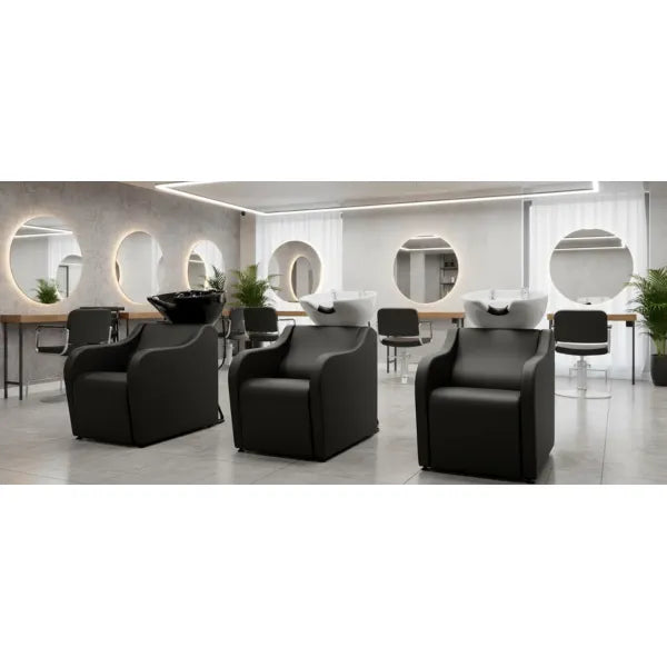 Friseur Waschbecken mit komfortablem Waschsessel in elegantem Schwarz, Friseurwaschbecken Astral für stilvolle Salons.
