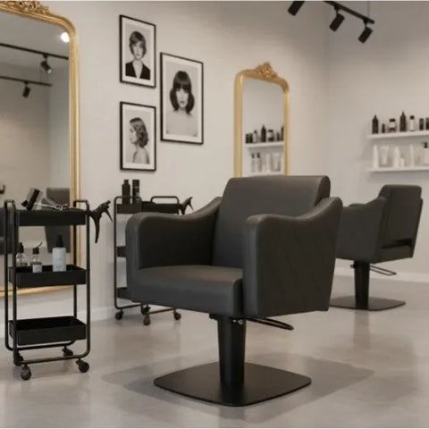 Friseurstuhl in eleganter Schwarz-Farbe, Luxuriöser Friseur stuhl Petal mit hydraulischer Höhenverstellung und edlem Design.