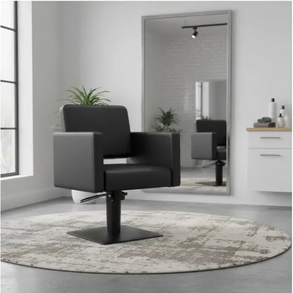 Friseurstuhl in eleganter Schwarz-Farbe, Luxuriöser Friseur stuhl Drim mit hochwertiger Polsterung und höhenverstellbarem Design.