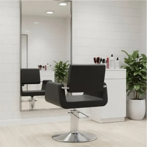 Friseurstuhl in eleganter Schwarz-Farbe, Luxuriöser Friseur stuhl Flame mit rundem Chromfuß und skulpturiertem Rücken.