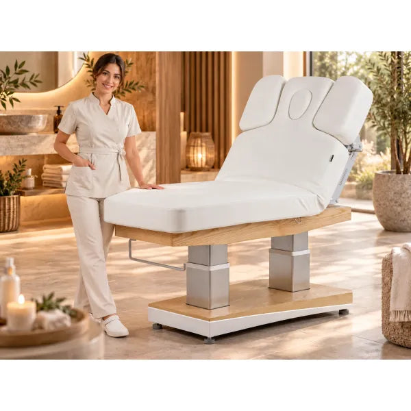 Elektrische Spa-Kosmetikliege mit Holzoptik, 4 Motoren und Heizung. Hochwertige Wellnessliege für Cosmetics & Massagen im professional Studio.