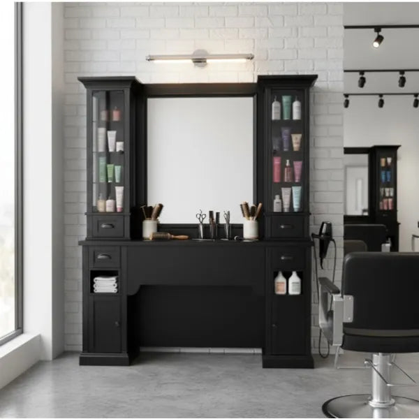 Friseur Bedienplatz in Eiche und Silber Spiegel und Stauraum, Friseurarbeitsplatz 2B William - Tiptop - Einrichtung