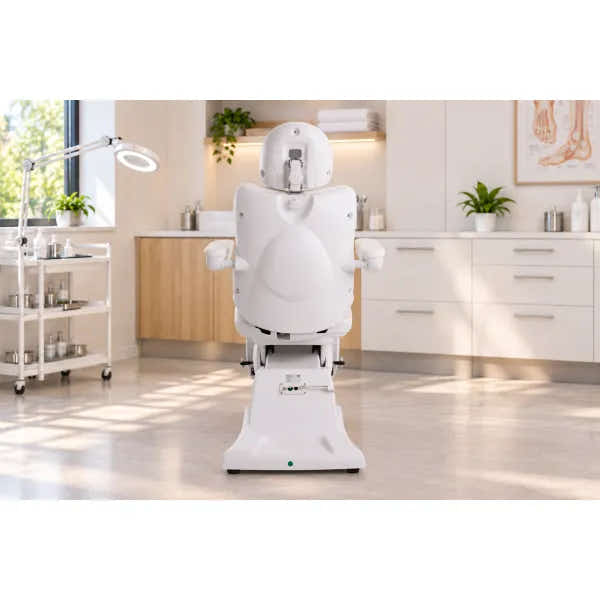 Weißer elektrischer Fußpflegestuhl mit 3 Motoren für Podologie-Praxis. Höhen- & Neigungsverstellung für professionellen Komfort.