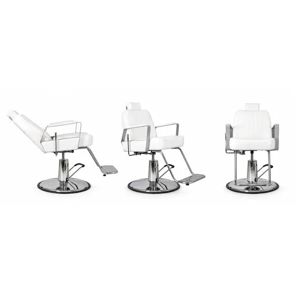3x Weißer Premium Herren Friseurstuhl Joey mit Chromsockel, verstellbar und mit Fußstütze.