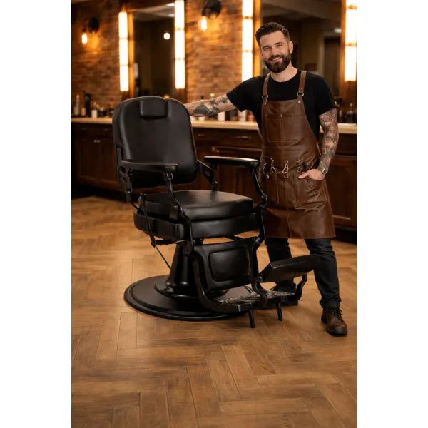 Barberstuhl Mark-B Schwarz, luxuriöser Herrenfriseurstuhl im Vintage-Design mit verstellbarer Sitzhöhe und Fußstütze