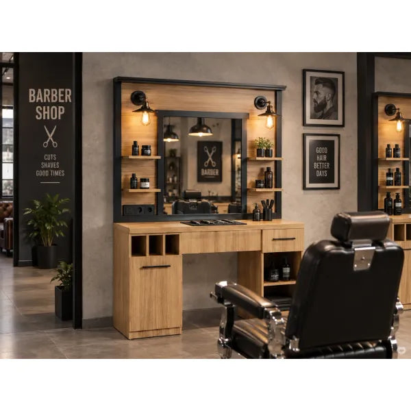 Friseurbedienungsplatz mit Spiegel, Industriestraßlampe und Stauraum für Barbier-Salon.