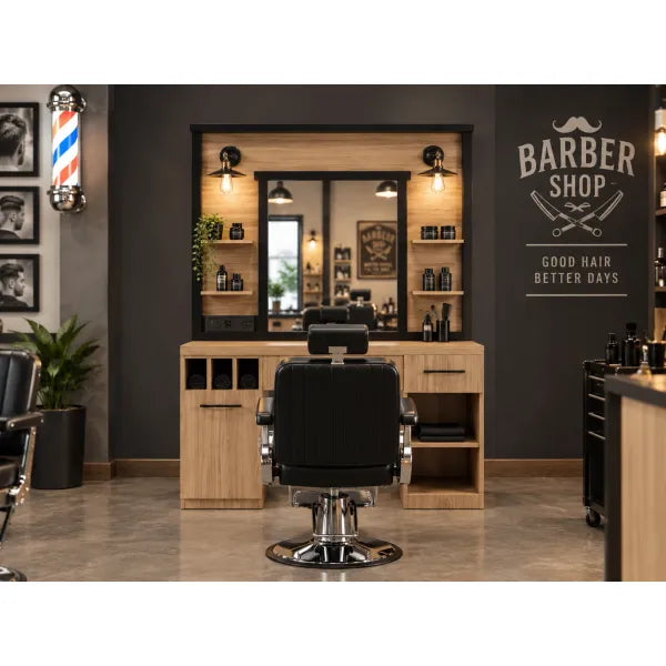 Friseur-Bedienungsplatz mit Spiegel, Beleuchtung & Stauraum. Holzkonsole mit schwarzer Friseurmaulwurf und professioneller Ausstattung für den Salon.