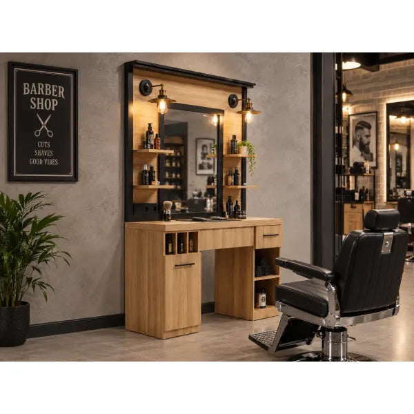 Holz-Frisourkonsole mit Spiegel,工业风 lampen & Stauraum für巴ber Shop. Professioneller Bedienungsplatz mit wohnlichem Look.