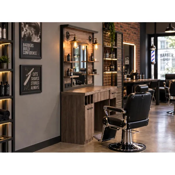 Barber-Arbeitsplatz mit Holzspiegel, Beleuchtung & Stauraum, kombiniert mit schwarzem Friseurstuhl im industriellen Style.
