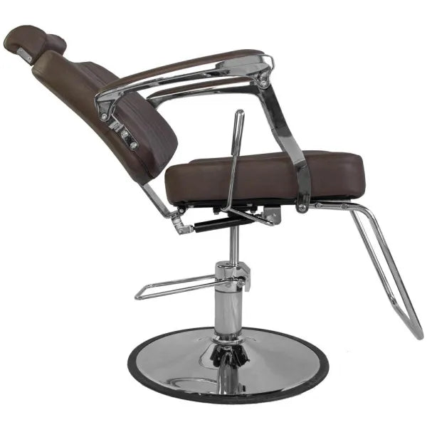 Barber stuhl Bjorn, Herren Friseurstuhl BH-3318 mit verstellbarem Fußstütze, Barbershop stuhl – Chrom braune Lederpolster