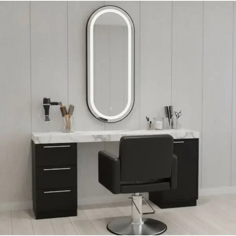 Friseur Bedienplatz mit mit Dimmer, LED-Beleuchtung, Friseurarbeitsplatz Bliss mit goldfarbenem Rahmen und ovalem Design