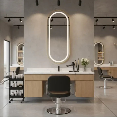 Friseur Bedienplatz mit mit Dimmer, LED-Beleuchtung, Friseurarbeitsplatz Bliss mit goldfarbenem Rahmen und ovalem Design